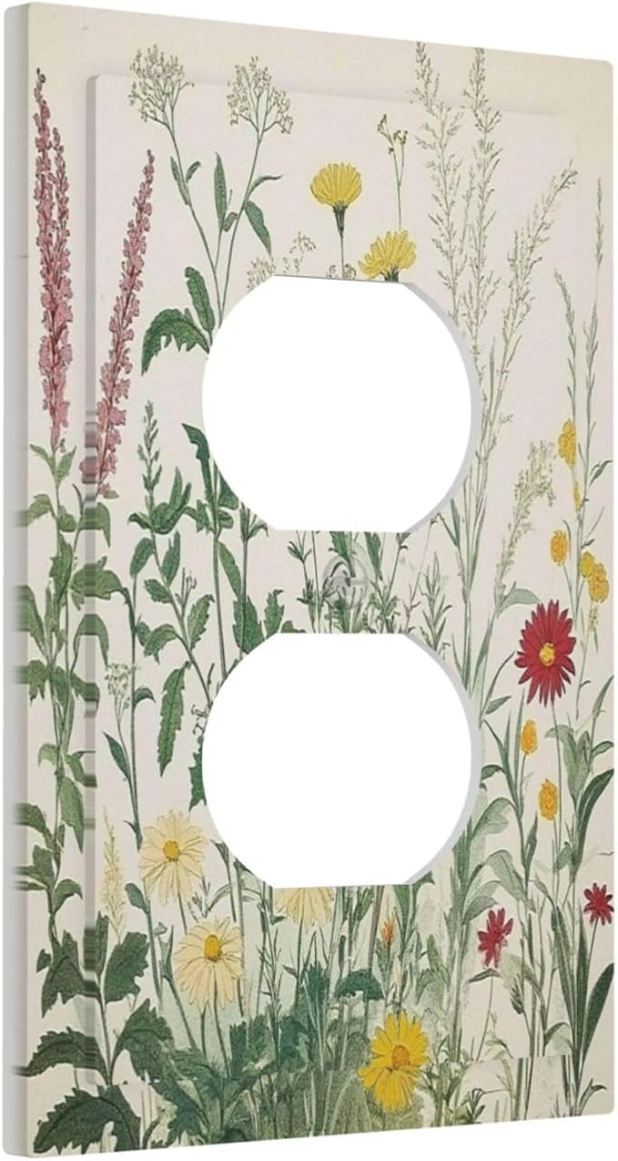 Rustic Wildflower Green Plants Daisy Floral Outlet Covers 1 Gang Duplex Light Switch Cover Decorative Switch Plates Electrical Receptacle Faceplate Wall Plate For Farmhouse Bed Room Decor