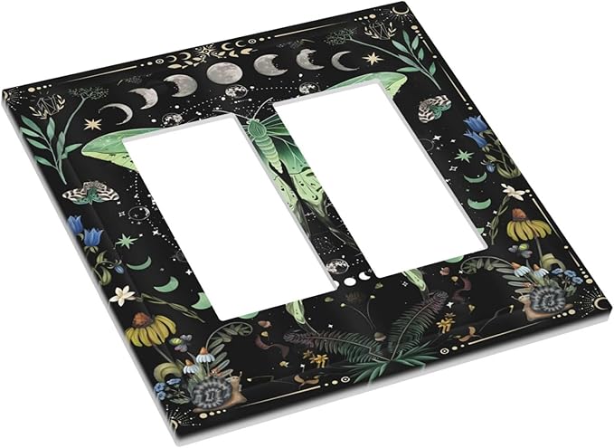 Moon Phase Butterfly Wildflower Plant Mysterious Night Moonlit Decorative Outlet Covers 2 Gang Double GFCI Rocker Electrical Wall Panels Light Switch Cover Plate for Bedroom Living Room Decor