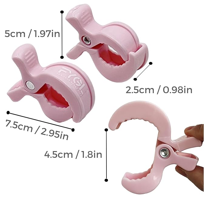 4-Pack Stroller Organizer: 2 Universal Pram Clips with 2 Stroller Hooks | Convenient Travel & Shopping Essentials for Baby Carriage - Light Pink