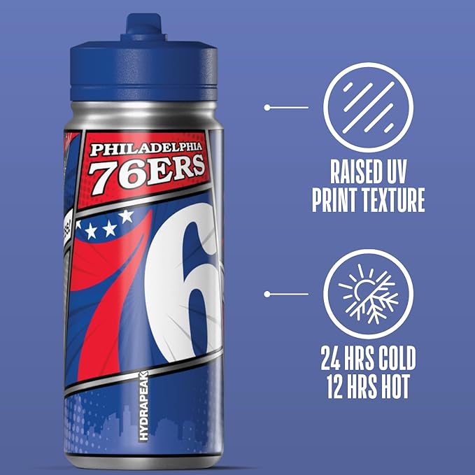 Hydrapeak x NBA Philadelphia 76ers 20 oz Stainless Steel Water Bottle, Officially Licensed Double Wall Insulated Sports Bottle with Straw Lid, Reusable Leakproof Gift for Kids & Adults