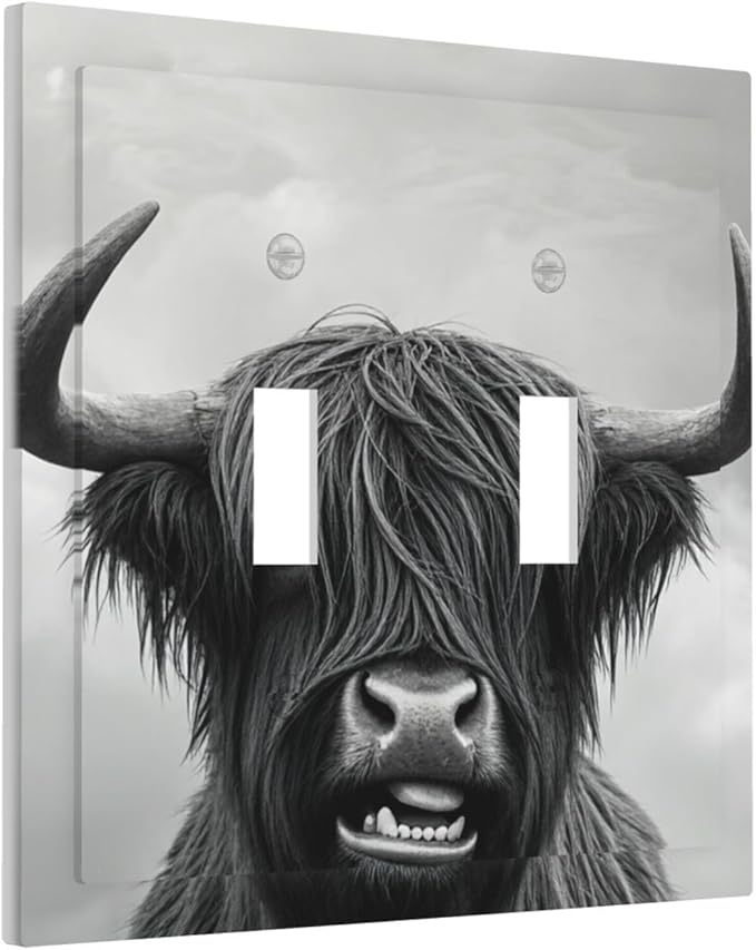 Highland Cow Black & White Portrait Double Toggle Switch Cover - 2-Gang Standard US Size Playful Farm Animal Light Switch Covers for Living Room Decor