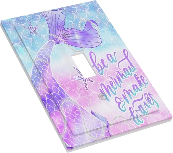 Colorful Girl Purple Pink Blue Fish Mermaid Scales Tail Quotes Undersea Ocean Theme 1 Gang Electrical Single Toggle Device Switch Wall Plate Jumbo Size Decorative Outlet Light Switch Cover Faceplate