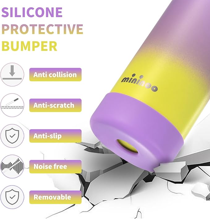 Mininoo Insulated Stainless Steel Kids Water Bottle for School with Straw Lid & Strap, 50 Stickers, 18 oz(Purple/Yellow)