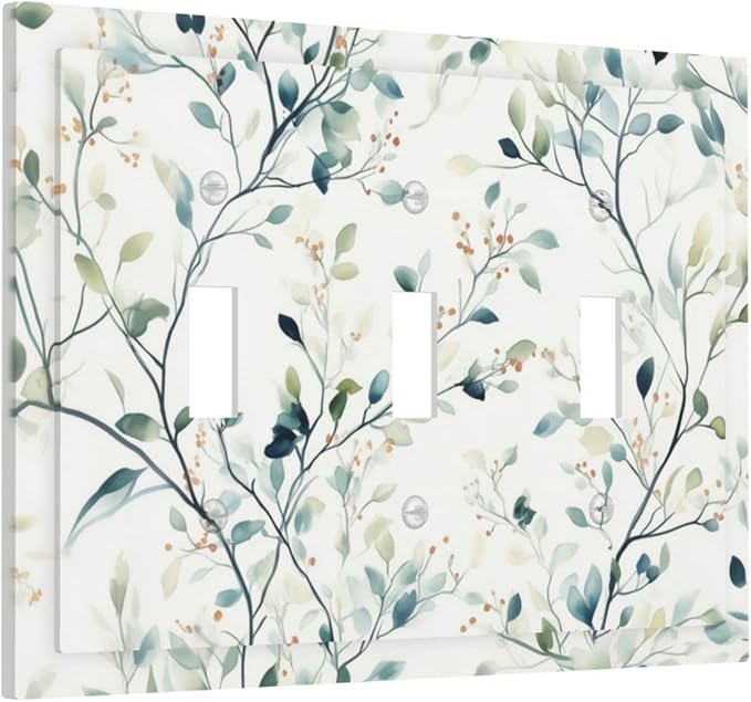 Watercolor Floral Green Leaves 3 Gang Light Switch Cover Green Botanical Flowers Triple Toggle Wall Plate Decorative Electrical Switchplates for Country Bedroom Kitchen Living Room Decor