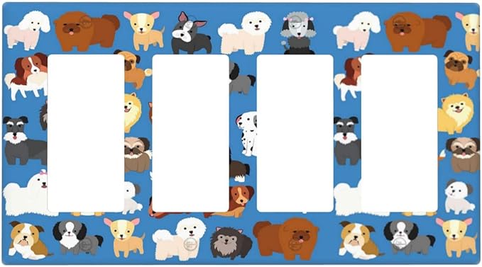 Cute Animal Dogs Puppy Decorative Outlet Cover Quad Rocker Light Switch Plate Cover Electricity Receptacles Plates For Home Kitchen Living Bedroom 8 * 4.5