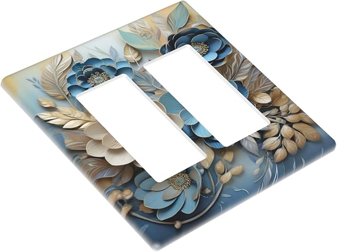 Decorative Art Light Switch Covers Blue and Creamy Floral 2 Gang Dual Rocker Outlet Switch plate Faceplate GFCI for Home Decor