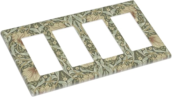 William Morris Pimpernel Flowers 4 Gang Light Switch Cover Vintage Floral Green Botanical Quad Rocker Switchplates Wall Plate Decorative Electrical Faceplate for Country Bedroom Kitchen Décor