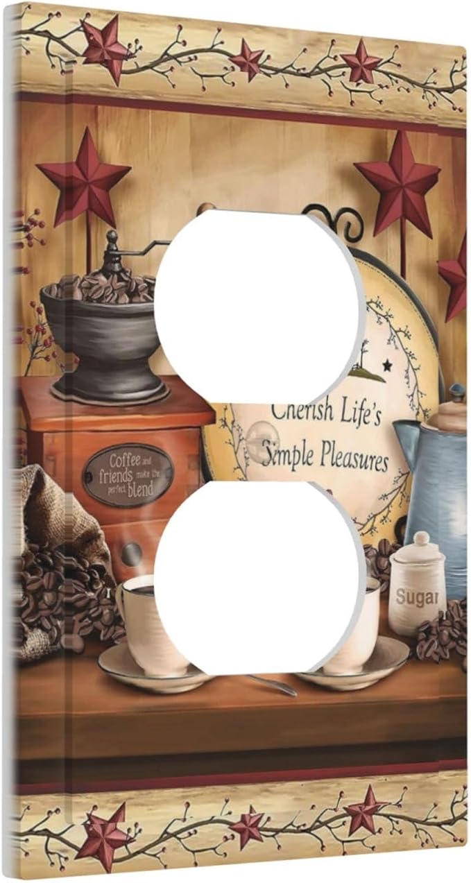 Retro Kitchen Coffee Beans Cafe Cup Theme 1 Gang Duplex Wall Plate Receptacle Outlet Covers Country Life Texas Star Bar Clock Decorative Electrical Dual Device Light Switch Plug Socket Faceplate Cover