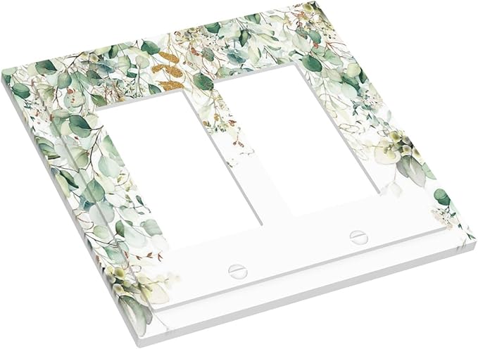 Gold Green Eucalyptus Leaves Plants Flowers Floral Decorative Outlet Covers 2 Gang Double GFCI Rocker Electrical Wall Panels Light Switch Cover Plate for Bedroom Living Room Decor