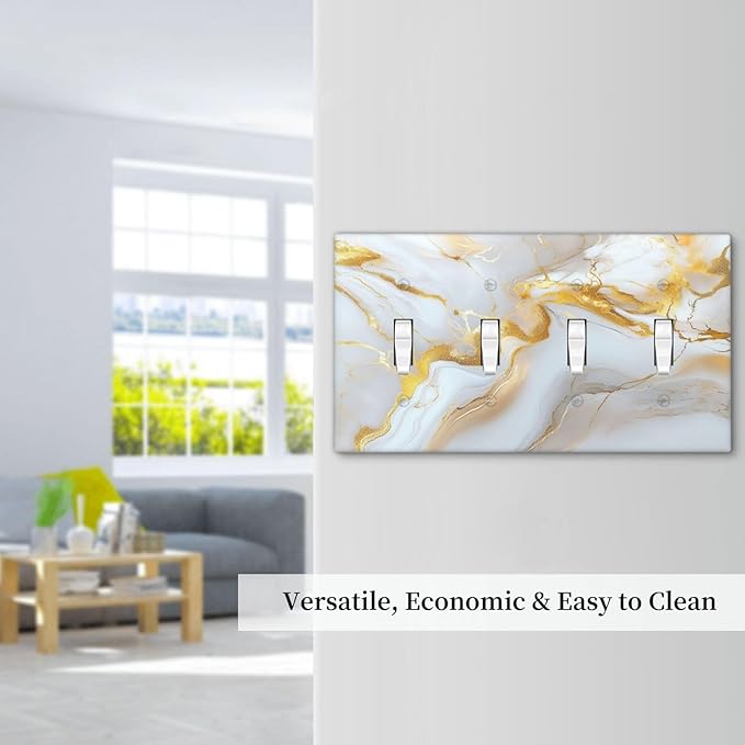 Decorative Switch Plate Cover Abstract Gold Marble Design with White & Gold 4 Gang Artistic Wall Plate Unique Quad Toggle Light Switch Covers for Modern Luxurious Decor