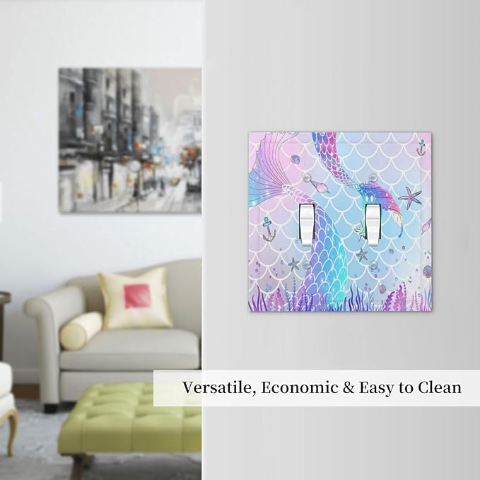 Colorful Cute Kids Girl Purple Pink Ocean Mermaid Tail Scale Conch Starfish Glitter 2 Gang Electrical Double Toggle Outlet Light Switch Wall Plate Decorative Receptacle Face Switchplate Cover Mid Size