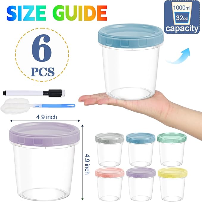 Yomarket 6pcs 32 oz Plastic Containers with Screw Top Lids, Reusable Clear Food Storage Containers with Pen and Brush, Leakproof Freezer Soup Containers, Microwave & Dishwasher Safe
