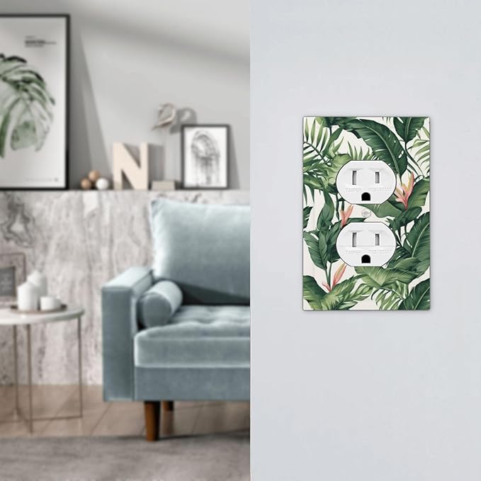 Tropical Leaf Jungle Botanical Palm Tree Greenery Floral Outlet Covers 1 Gang Duplex Light Switch Cover Decorative Switch Plates Electrical Receptacle Faceplate Wall Plate for Bedroom Living Room