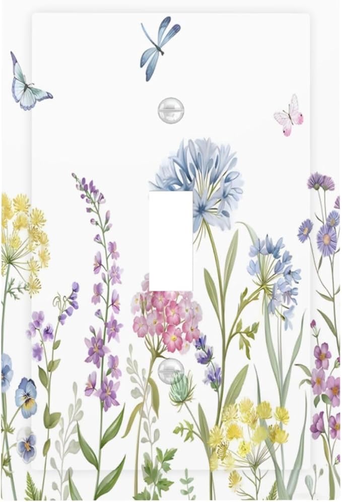 Colorful Wildflowers Dragonfly Lavender Butterfly Insect Decorative Light Switch Cover 1 Gang Single Toggle Device Electrical Faceplate Switchplates Decorator Outlet Wall Plate for Bedroom Living Room