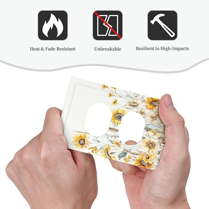 Yellow Floral Sunflowers Wheat Ears Watercolor Wild Flowers Outlet Covers 1 Gang Duplex Light Switch Cover Decorative Switch Plates Electrical Receptacle Faceplate Wall Plate for Bedroom Living Room