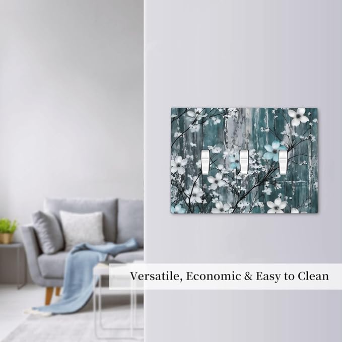 Rustic Blue Watercolor Flower Wooden Background Decorative Switch Plates 3 Gang Wall Plate Triple Toggle Light Switch Cover Faceplate Electrical Wall Panels for Bedroom Living Room Decor