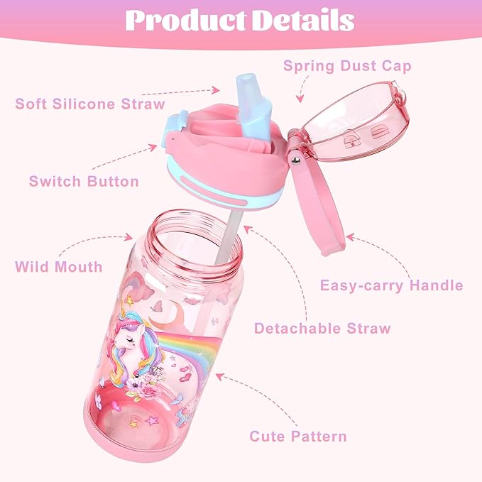 decalsweet Kids Water Bottle 20oz Durable Leak-Proof Plastic Water Cup for Kids Toddlers,With Straw Handle and Pop-Up Spout Cover,Safe for School Sports Daycare Travel & Camp Pack of 2