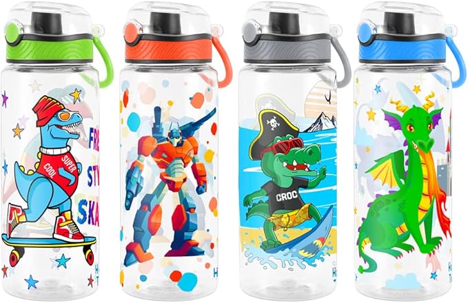 Home Tune Cute Water Bottle for School Kids Girls, BPA FREE Tritan & Leak Proof & Easy Clean & Carry Handle, 23oz/ 680ml (Robot)