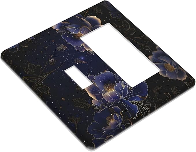 Navy Blue Floral Vintage Flower Dark Watercolor Outlet Covers 1 Toggle 1 Rocker Combination Decorative Wall Plate Electrical Switch Plates Light Switch Cover Plate for Bedroom Living Room Decor