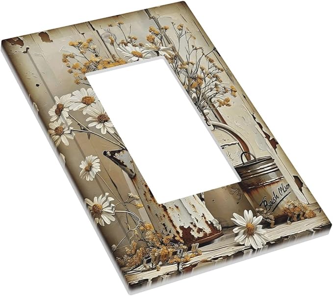 Rustic Flowers Daisy Floral White Wooden Planks Decorative Outlet Covers 1 Gang Single Rocker Light Switch Cover Plate Wall Plates GFCI Faceplate for Farmhouse Home Decor