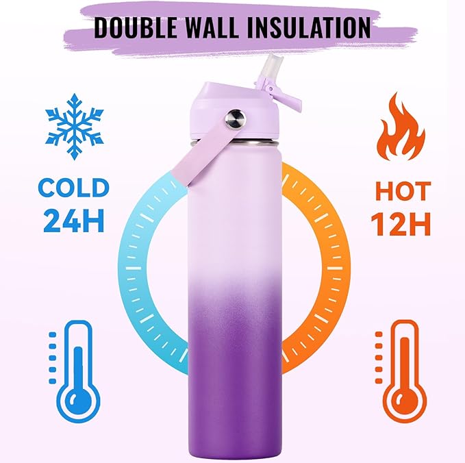 Fijinhom 24oz Insulated Stainless Steel Water Bottle, Wide Mouth Double Wall Vacuum, Silicone Straw, Sweat & Leak Proof, BPA Free Insulated Water Flask for Travel, Purple Gradient