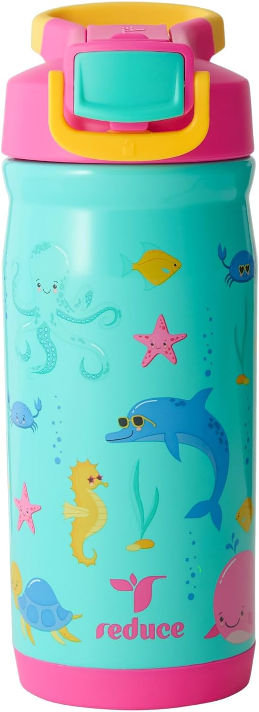 Reduce Hydrate Pro Kids 14oz Stainless Steel Insulated Water Bottle w/Straw – Spill Proof Tumbler for Kids – 30 Hour Cold Retention – Dishwasher Safe Leak-Proof Design - Ocean Friends