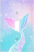 Mermaid 1 Gang Light Switch Cover Single Toggle Wall Plate Rainbow Tail Scales Jelly Fish Decorative Electrical Switchplate Covers for Nursery Girls Boys Room Kids Room Decor