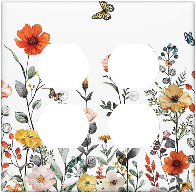 Colorful Country Vintage Floral Butterfly Flowers 2-Gang Device Duplex Wall Plate, Rural Watercolor Wildflower Decorative Two Gang Double Duplex Receptacle Socket Outlet and Light Switch Cover Plate