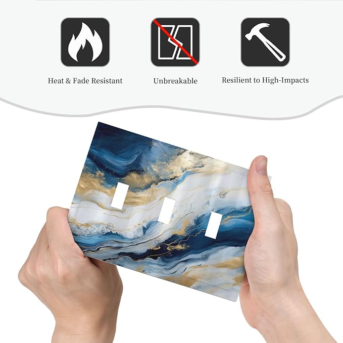 Abstract Blue Granite Luxury Watercolor Marble Texture Print 3 Gang Light Switch Covers Decorative Unique Triple Toggle Wall Plate Electrical Faceplate Switchplate for Bathroom Bedroom Decor