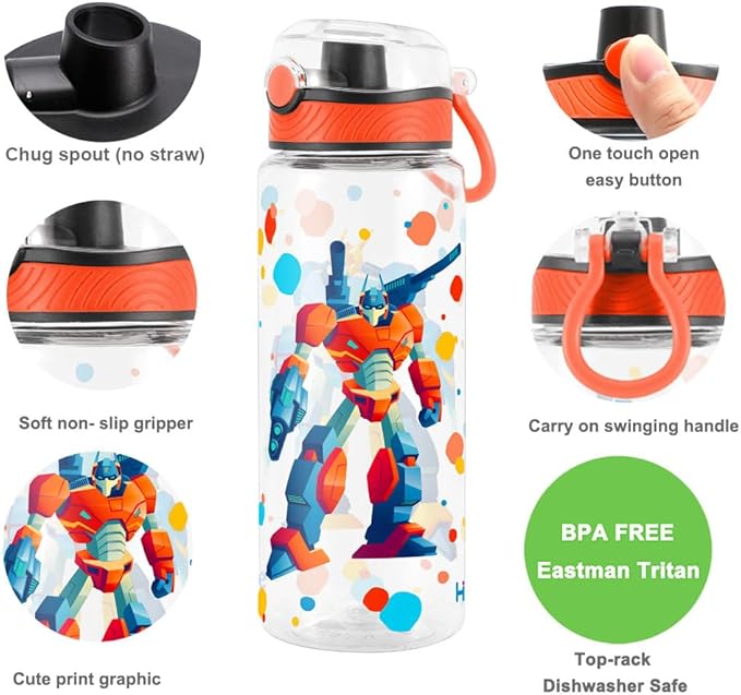 Home Tune Cute Water Bottle for School Kids Girls, BPA FREE Tritan & Leak Proof & Easy Clean & Carry Handle, 23oz/ 680ml (Robot)