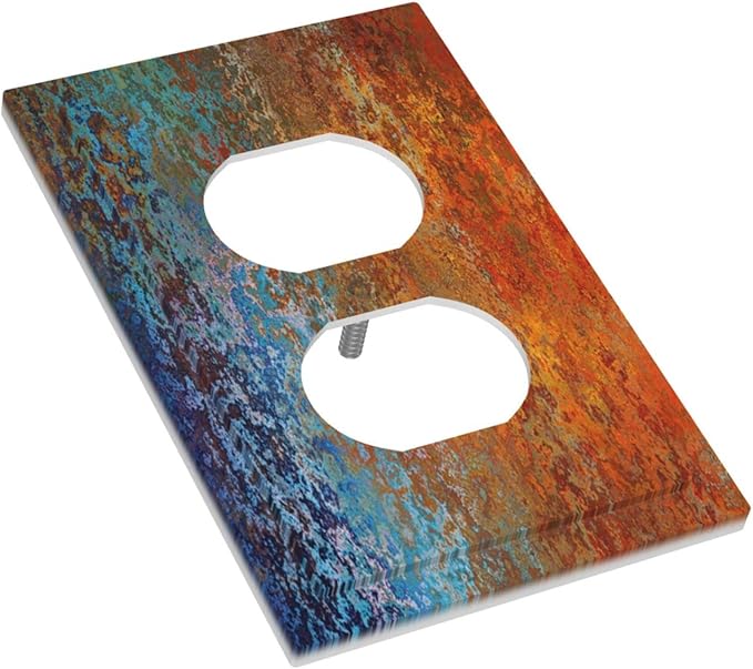 Red/Celestial Blue Rust Colorful Metal Rusty 1 Gang Outlet Plate Duplex Decorative Outlet Covers Electrical Receptacle Lightswitch Faceplate 5" X 3"