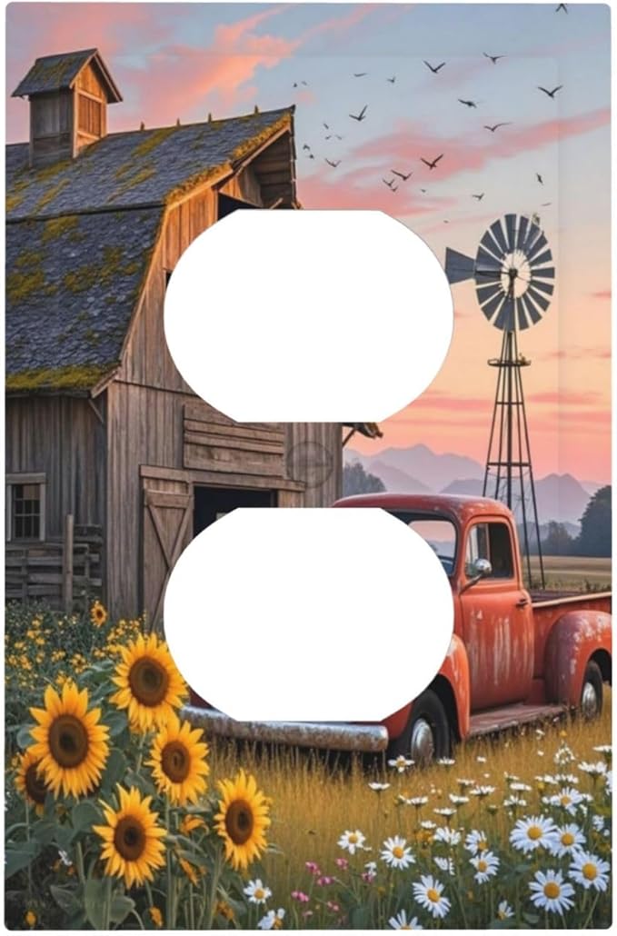 Rustic Barn Red Truck Windmill Sunflower Outlet Covers 1 Gang Duplex Light Switch Cover Decorative Switch Plates Electrical Receptacle Faceplate Wall Plate for Farmhouse Home Decor