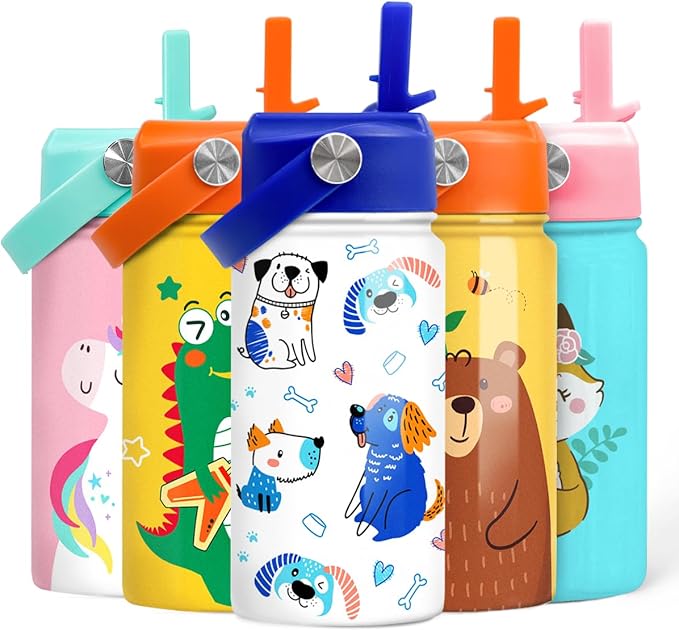 SANDJEST Dog Water Bottle - Kids Water Bottle with Straw Lid - 12 Oz Insulated Stainless Steel Water Bottles for Kid Boys - Travel Cup for School Sports