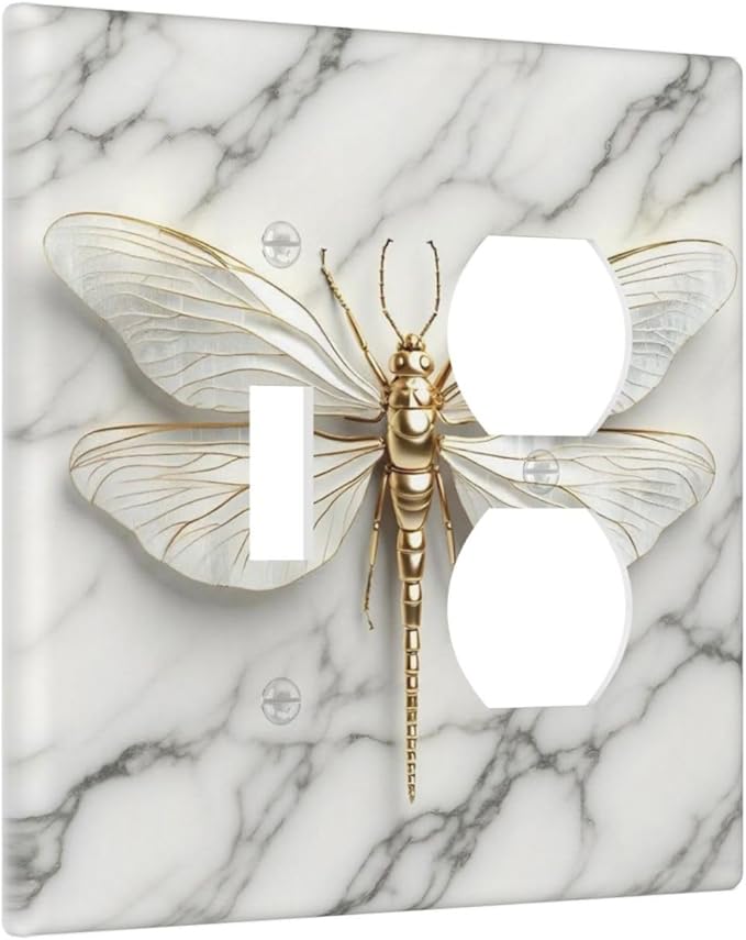 White Gold Marble Dragonfly Abstract Modern Wallplates 1 Toggle 1 Duplex Switch Plate Electrical GFCI Faceplate Decorative Light Switch Covers for Bathroom Home Decor