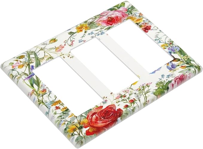Decorative Outlet Covers Rustic Red Flower Garden Floral 3 Gang Light Switch Cover Plate Triple Rocker Wall Plates for Electrical Outlets Switch Plate Covers for Country Home Decor