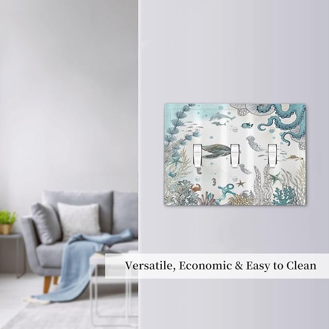 Sea Turtle Octopus Ocean Underwater Animal 3 Gang Light Switch Covers Decorative Unique Triple Toggle Wall Plate Electrical Faceplate Switchplate for Kitchen Bathroom Bedroom Home Decor