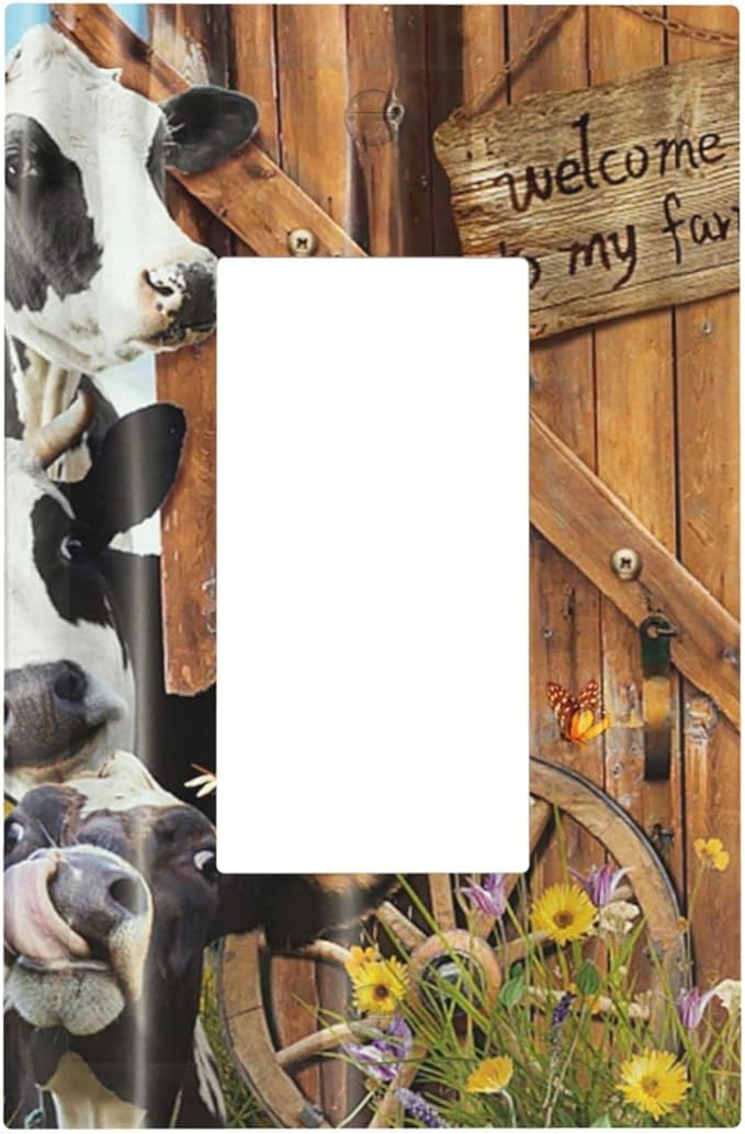Decorative Switch Plate Covers Farm Cow Farmhouse Barn Door Rustic Vintage Wooden 1 Gang Single Decora GFCI Device Light Switch Cover Country Wildlife Funny 1 Rocker Outlet Wall Plate Faceplate