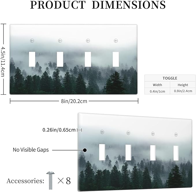 Forest Pine Forest Foggy Mountain Natural Scenery Light Switch Covers Quad Toggle Electrical Faceplate 4 Gang Wall Plate Decorative Switch Plates for Bed Room Living Room Decor