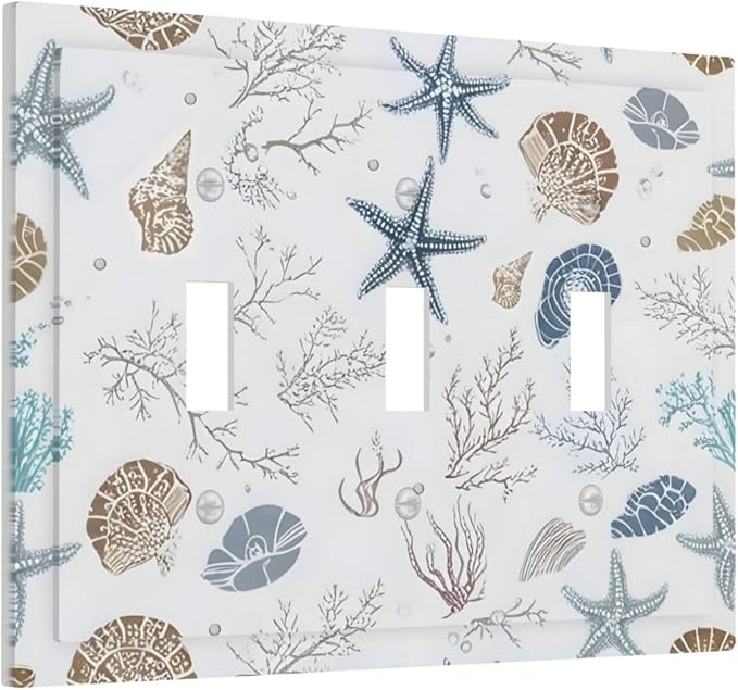 Ocean Starfish Seashells Nautical Coastal Sea Coral Decorative Switch Plates 3 Gang Wall Plate Triple Toggle Light Switch Cover Faceplate Electrical Wall Panels for Kids Room Nursery Decor