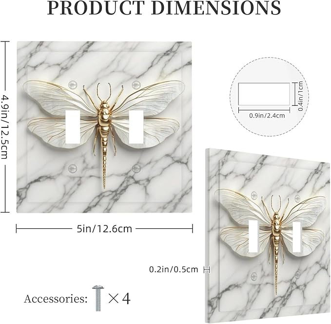 White Gold Marble Dragonfly Abstract Modern Decorative Switch Plates 2 Gang Double Toggle Outlet Light Switch Cover Wall Plate Electrical Faceplate for Bathroom Home Decor