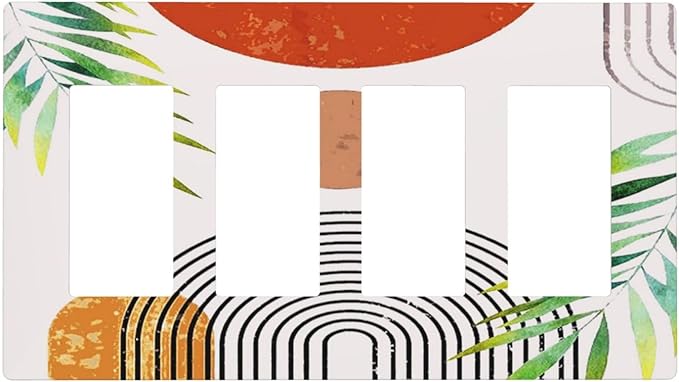 Red/Orange Abstract Art Boho Sun Mid Century 4 Gang Screwless Quad Decorator Wall Plate 60S 70s Geometric Electrical Quadruple Device Rocker/Gfci Dimmer Receptacle Outlet Light Switch Cover Face Plate