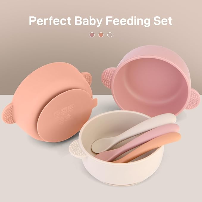 Eascrozn 3 Pack Baby Bowls with Suction and 3 Pack Baby Spoons, BPA Free, Silicone Baby Feeding Set for Babies Toddler Kids, Microwave and Dishwasher Safe