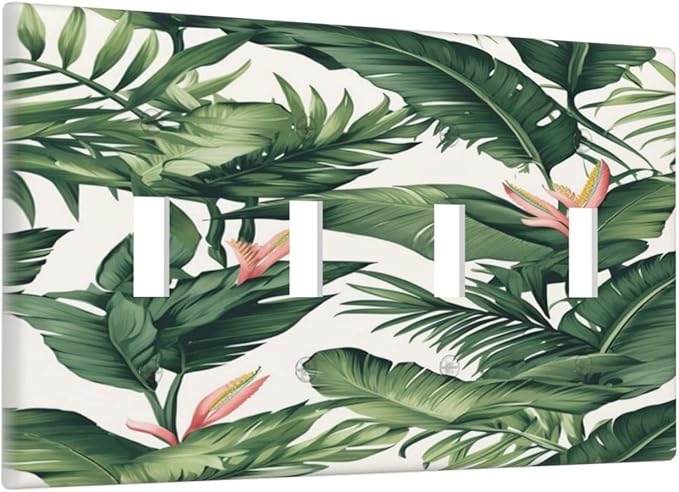 Tropical Leaf Jungle Botanical Palm Tree Greenery Floral Light Switch Covers Quad Toggle Electrical Faceplate 4 Gang Wall Plate Decorative Switch Plates for Bedroom Living Room Decor