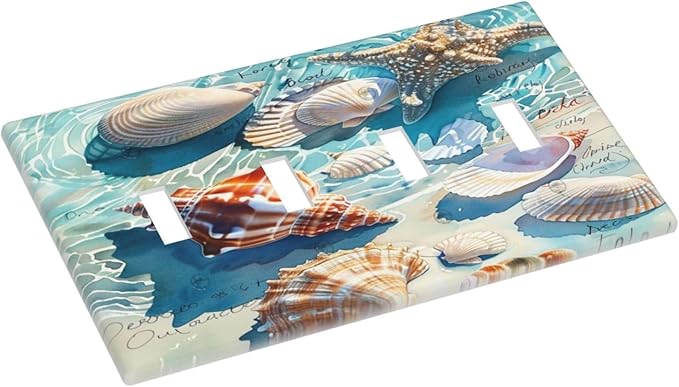 Light Switch Covers Ocean Waves Starfish Conch Scallop Shell Quad Toggle Electrical Faceplate 4 Gang Wall Plate Decorative Switch Plates For Kids Room Nursery Decor