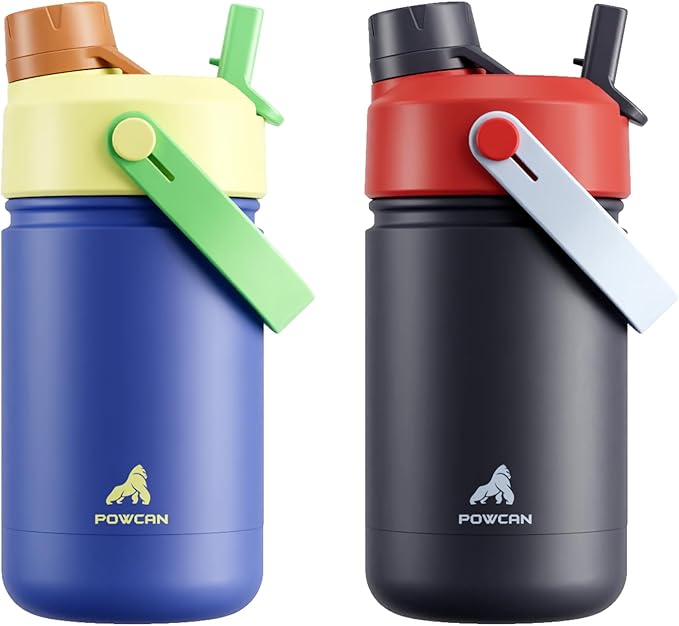 POWCAN 2 Pack 12 oz Kids Insulated Water Bottle for School: Leakproof, 2-in-1 Straw Spout Lid, BPA-Free, Keep Cold 24 Hrs, Stainless Steel Cup for Sports, Travel, Gift for Girls Boys Daughters Sons