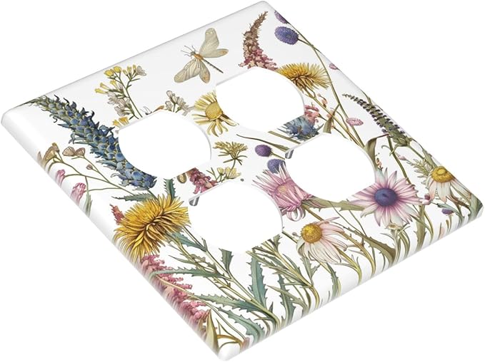 Decorative Outlet Covers Botanical Wildflowers Dragonfly Colorful Floral 2 Gang Decorative Switch Plate Double Duplex Wall Plates Switch Plates and Outlet Covers for Bathroom Bedroom Decor