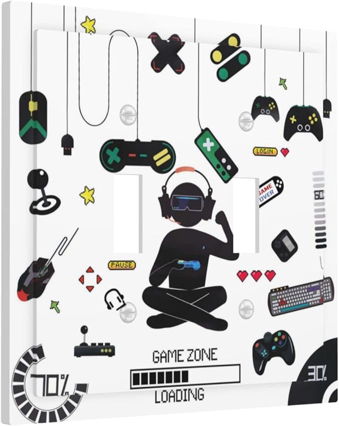 2 Gang Double Toggle Light Switch Cover Gamer Room Video Game Decor Decorative Electrical Switchplate Faceplate for Kitchen Bedroom Bathroom Standard Size