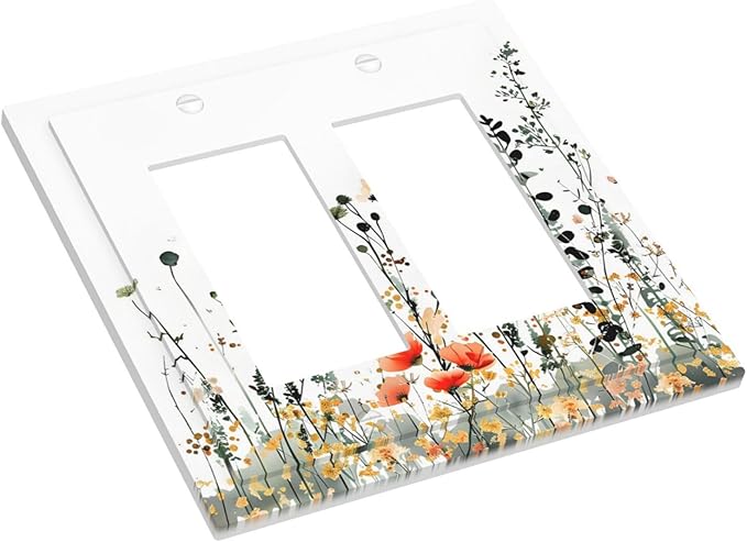 Vintage Country Style Watercolor Leaves Wildflowers Floral Decorative Outlet Covers 2 Gang Double GFCI Rocker Electrical Wall Panels Light Switch Cover Plate for Bedroom Living Room Decor