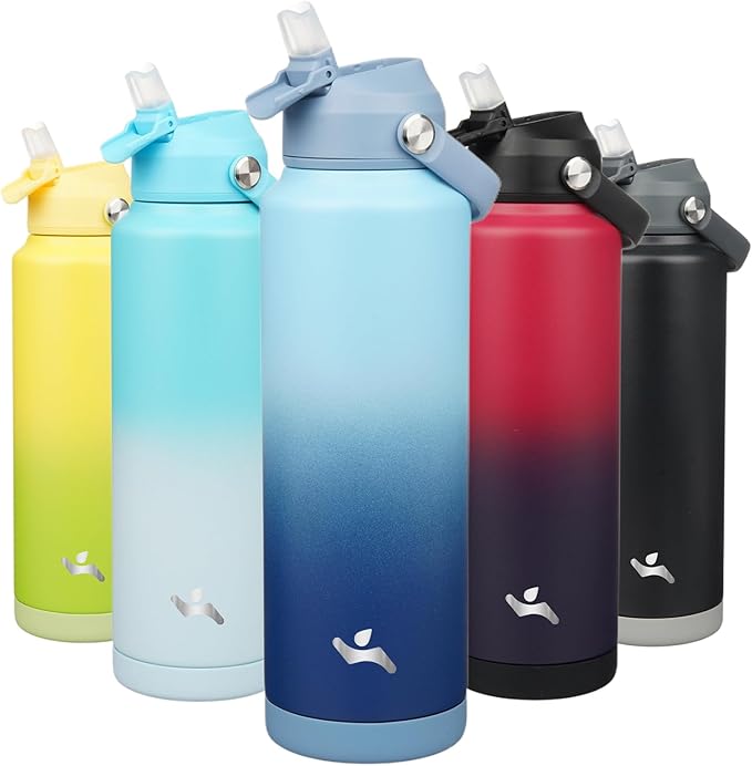 Konokyo Insulated Water Bottle with Straw Lid,40 oz Stainless Steel Vacuum Metal Bottle with Silicone Handle, Sky