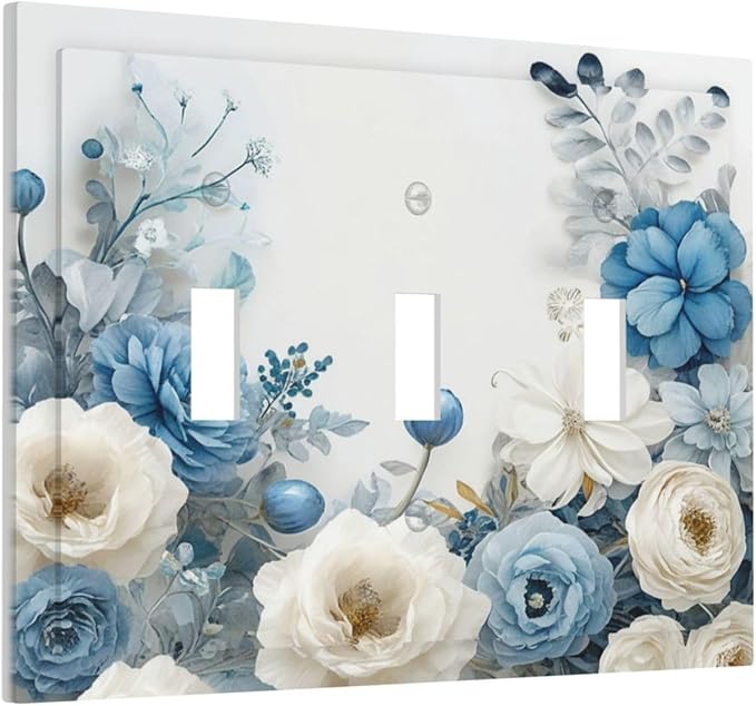 Decorative Light Switch Cover Blue Rose White Flowers Rustic Floral 3 Gang Wall Plate Oversized Triple Toggle Switch Cover Jumbo Electrical Face Plate for Home Decor